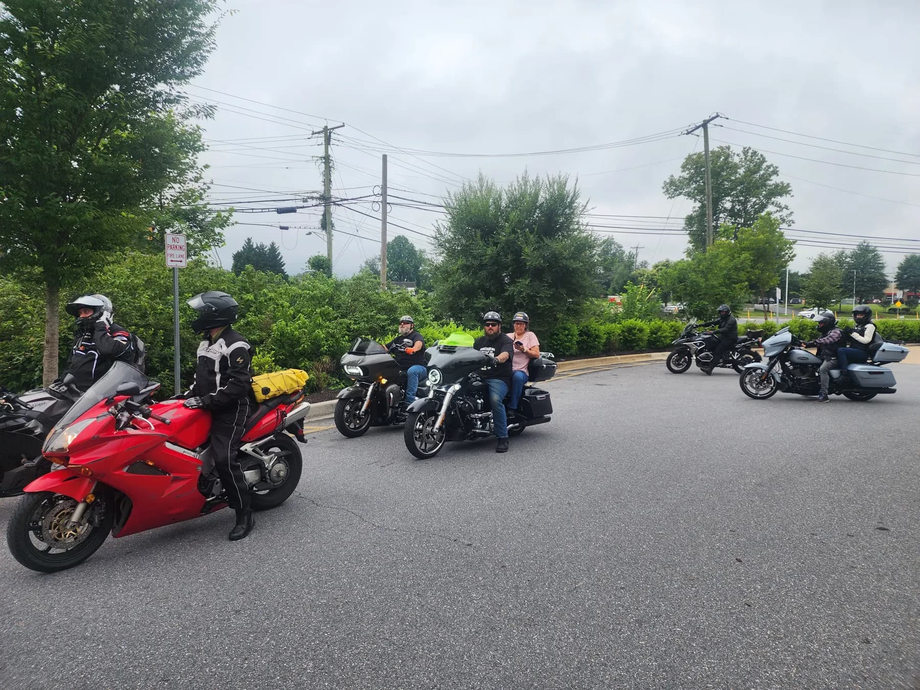 Sport bikes lined up before a Saturday group ride in Maryland
