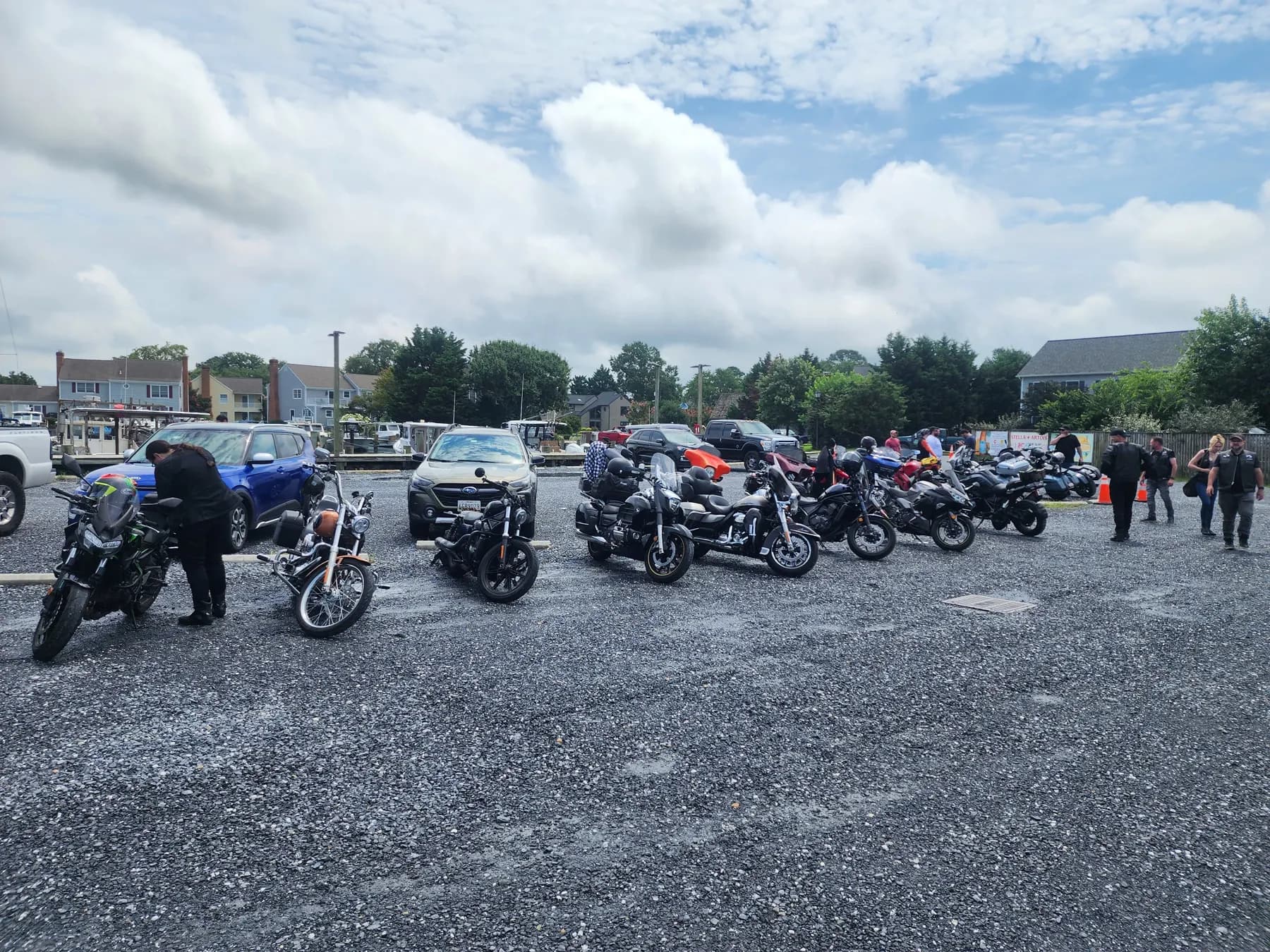 Motorcycles parked at a bayside stop