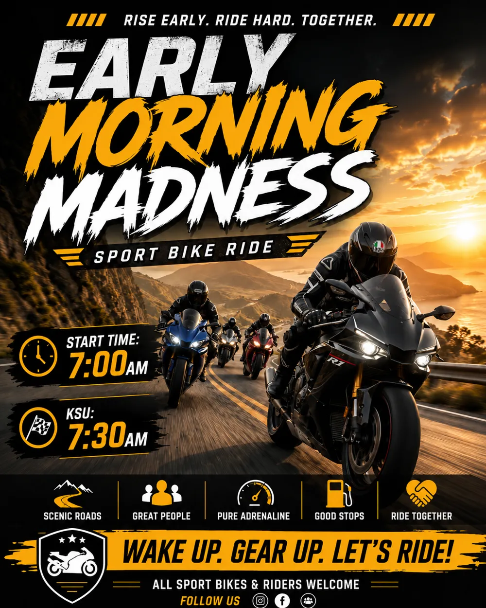 Early Morning Madness Saturday sport bike ride flyer